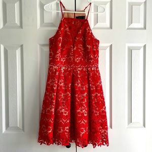 Red lace dress great as a wedding guest
